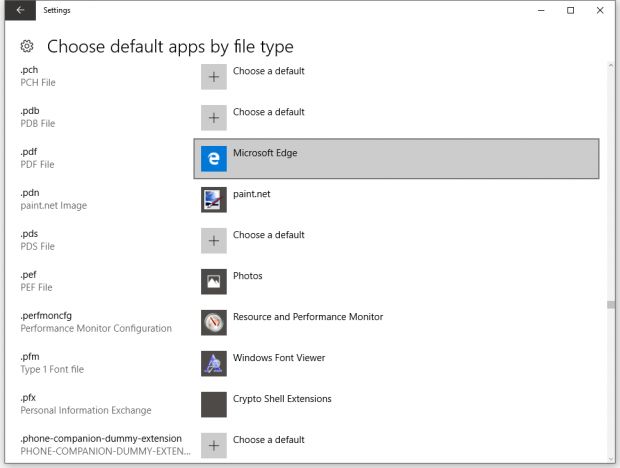 Edge set as default app for opening PDF files on Windows 10