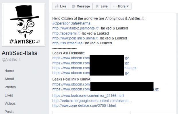 Antisec-Italia's Facebook post announcing the breaches