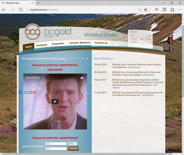 Anonymous rickrolls BCGold Corp. website