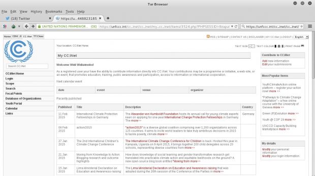 Screenshot of the CMS admin panel for unfccc.int