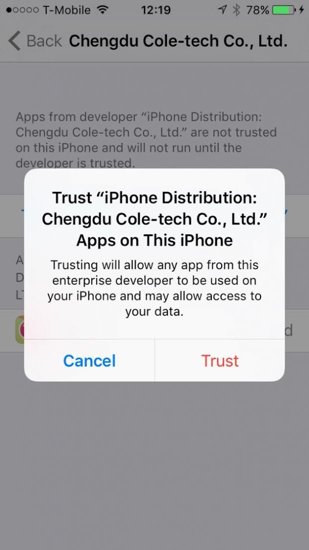 From the untrusted certificate app list, click on the app you want to "trust"