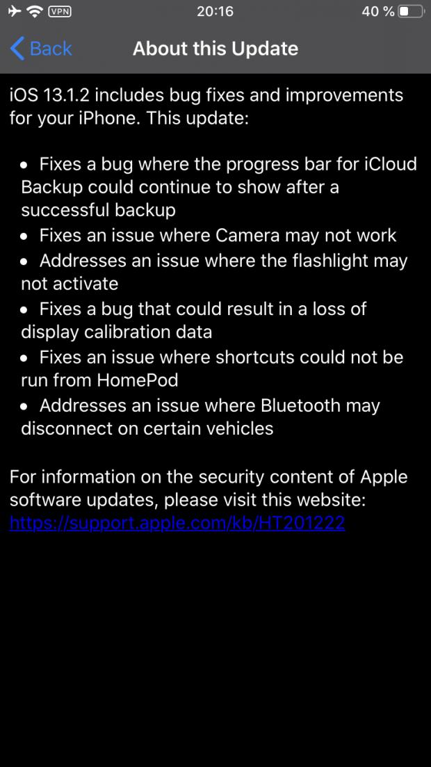 iOS/iPadOS 13.1.2 release notes