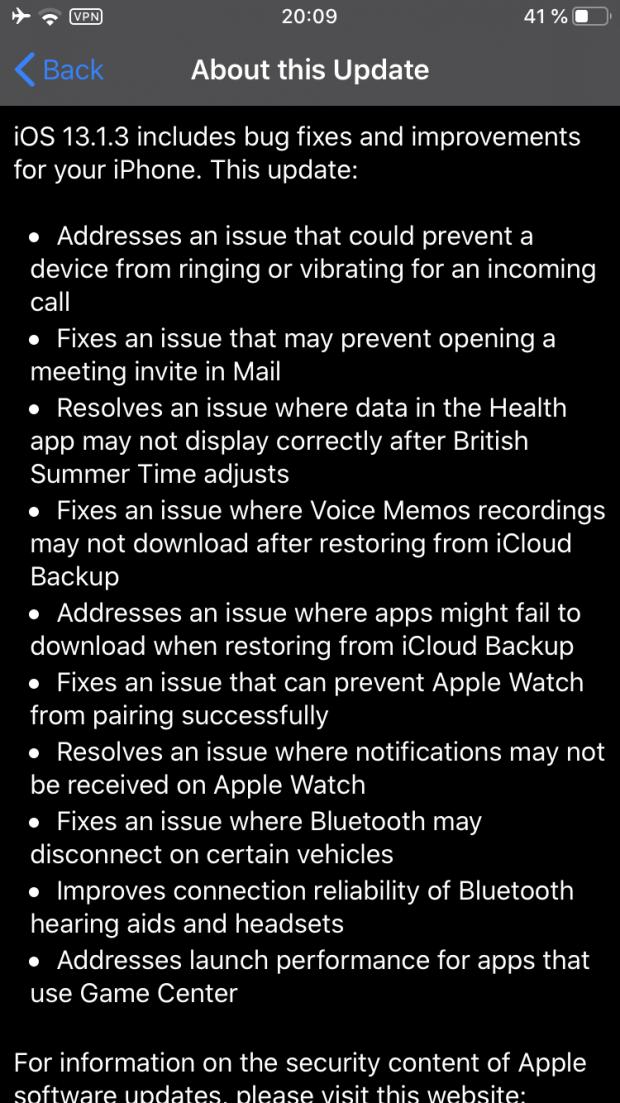 iOS 13.1.3 release notes