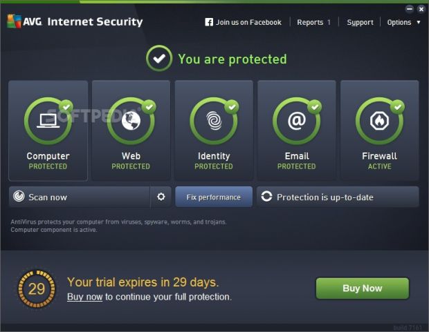 The main panel of AVG Internet Security 2016