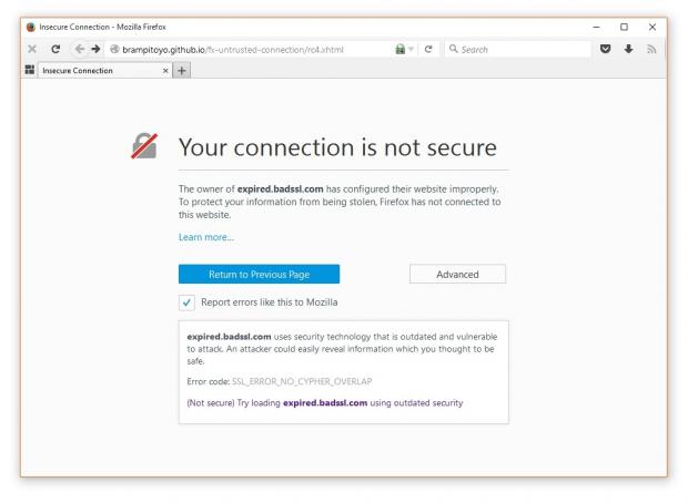 The new SSL error message for Firefox 44