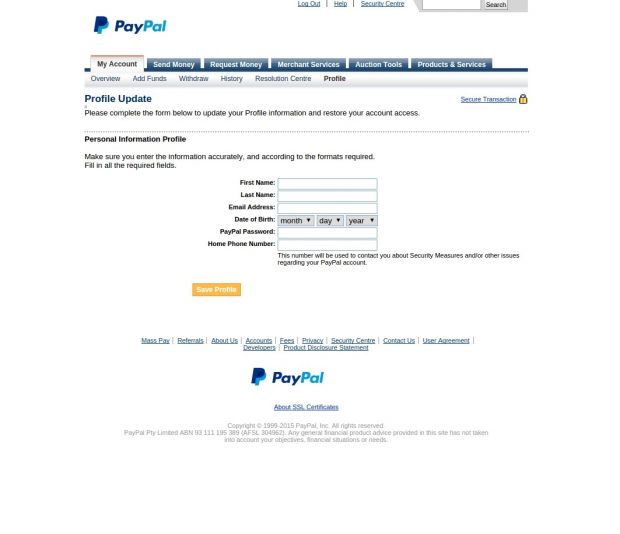 The file attachment opens a PayPal website clone