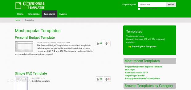LibreOffice Extensions & Templates website showing templates