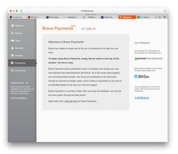 Brave Payments feature