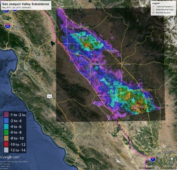 Total subsidence in California's San Joaquin Valley for the period May 3, 2014 to Jan. 22, 2015