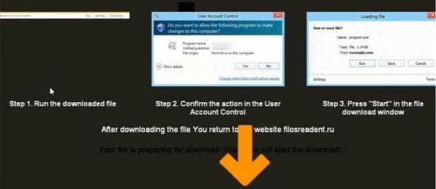 Malicious website showing overlay window with download instructions