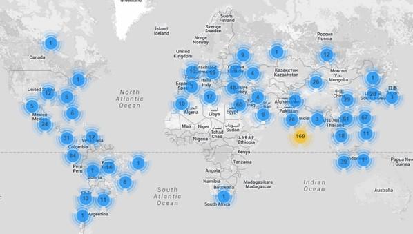Geo-location of the botnet's devices