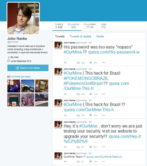 John Hanke's defaced Twitter account