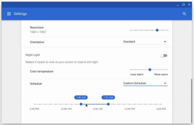 Chrome OS' Night Light custom schedule