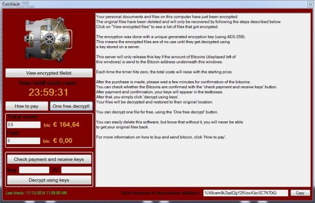 Windows computer locked with CoinVault ransomware