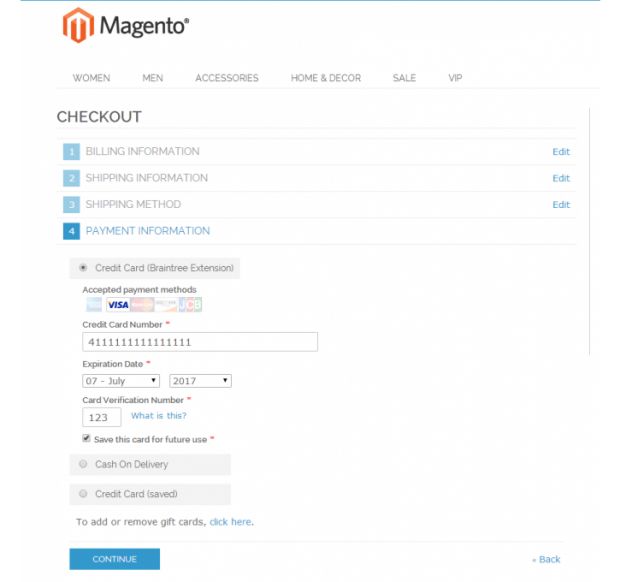 A sample Braintree checkout form on a Magento site
