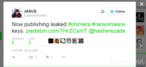 Petya/Mischa dev leaking Chimera decryption keys on Twitter