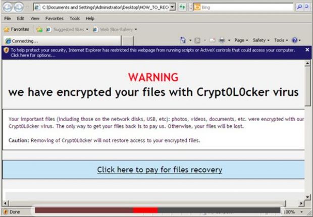 Cryptolocker ransom screen shown to infected users