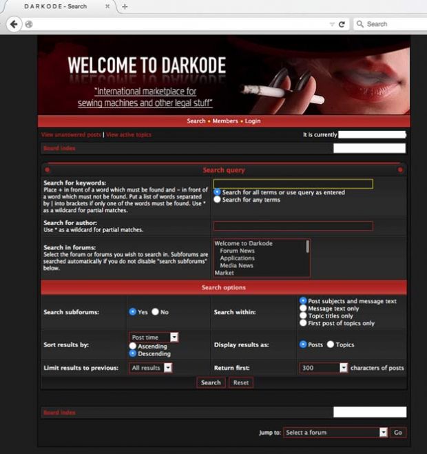 Darkode search page, left exposed