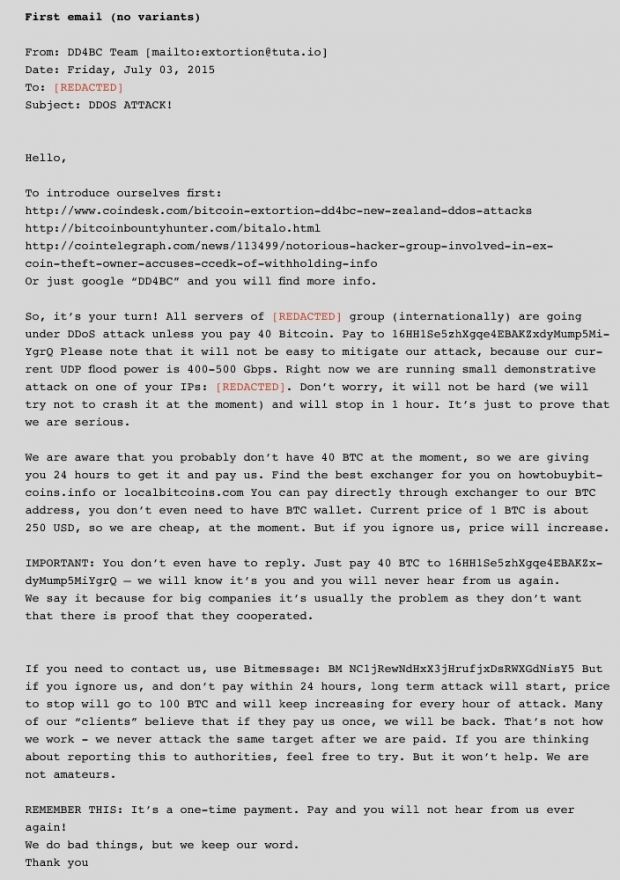 Sample DD4BC ransom email