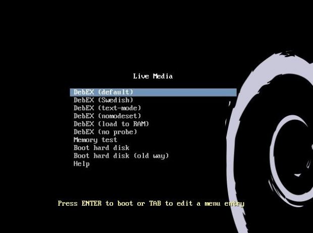Boot menu in DebEX Xfce4 created with the Refracta tools