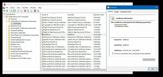 The eDellRoot root certificate on a Dell laptop