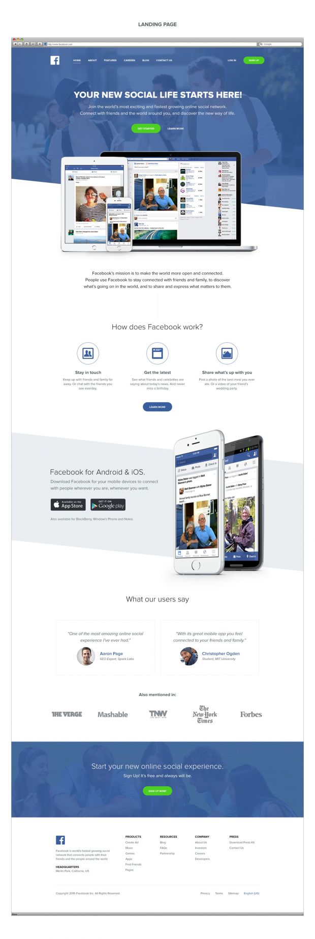 Landing page concept for Facebook, if it started in 2015 as a new startup