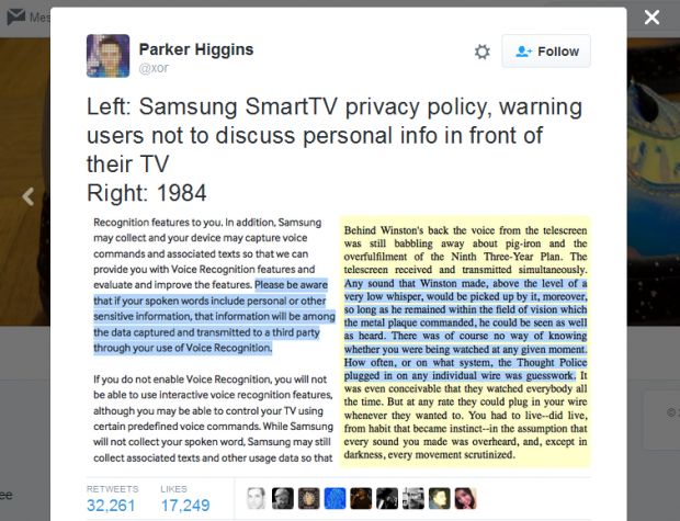 EFF activist points out to similarities between Samsung Smart TV privacy policy and George Orwell's 1984