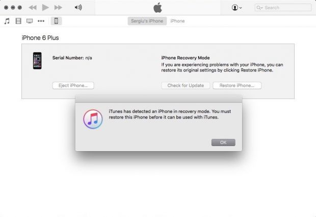iPhone in recovery mode detected by iTunes