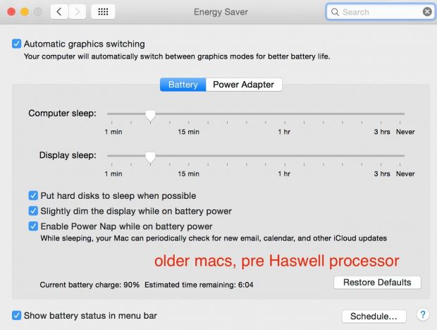 The Energy Saver preference pane on older Macs