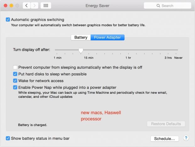 The Energy Saver preference pane on Macs with Intel Haswell processors
