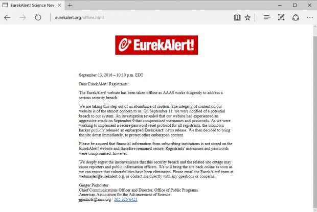 Statement on EurekAlert website