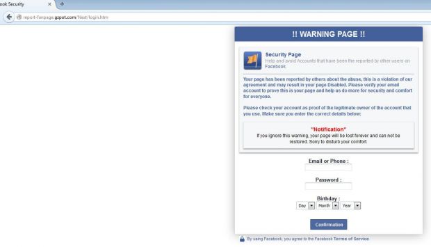 Scam page, asking for Facebook login details