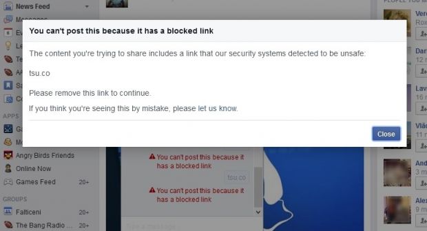 Error message displayed on Facebook when sharing Tsu links