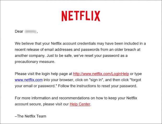 Netflix password reset email