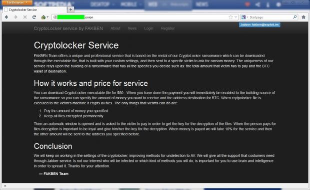 Cryptolocker Service website on the Dark Web
