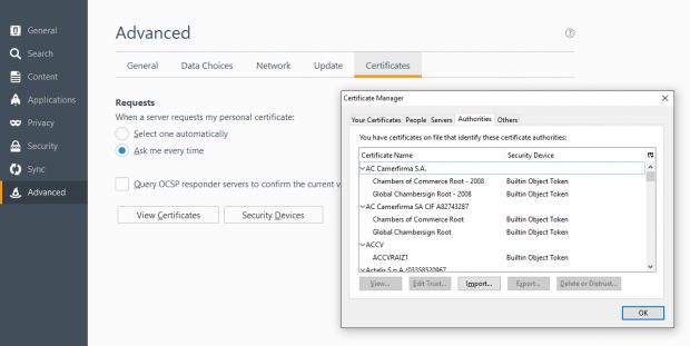 Firefox settings section for handling root certificates