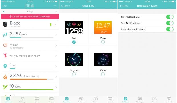 Fitbit app main settings, watch faces, and notification settings