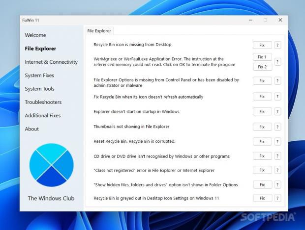The program offers a list of fixes related to File Explorer problems