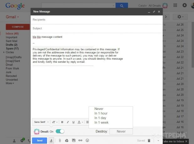 Dmail works from the Gmail Compose message
