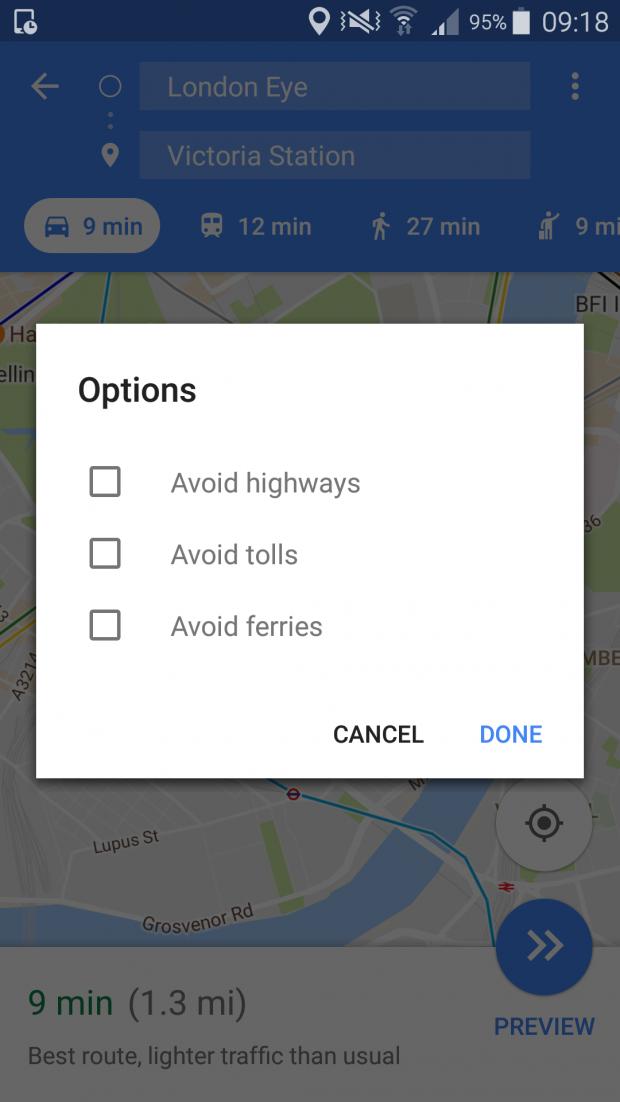 Route options in Google Maps