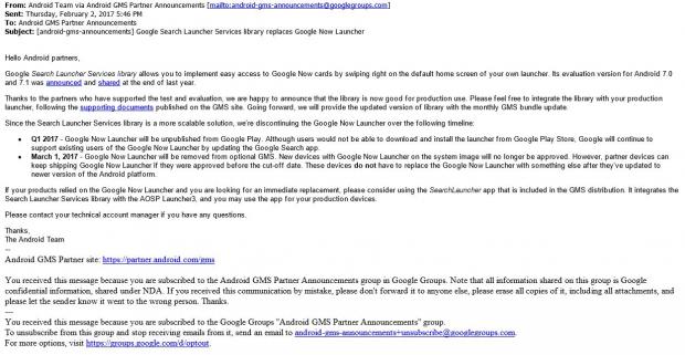 Google email revealing Google Now Launcher discontinuation