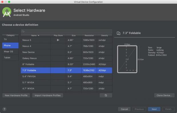 Android Studio - AVD Manager: Foldable Device Setup