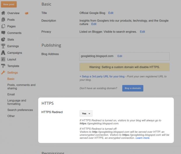 HTTPS Redirect option in the Blogger backend
