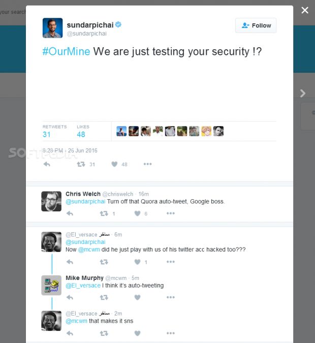 One of the tweets cross-posted by OurMine on Pichai's Twitter account
