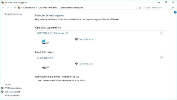 BitLocker settings in the Windows control panel
