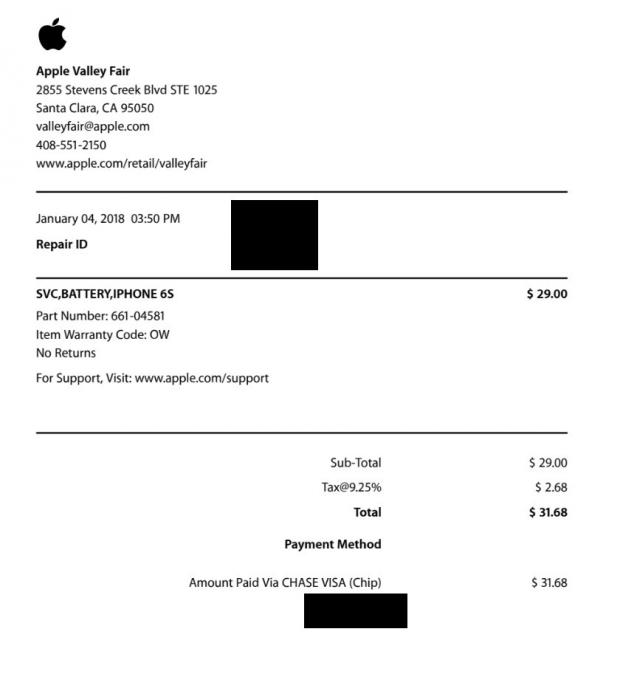 The receipt the iPhone owner received for the battery replacement