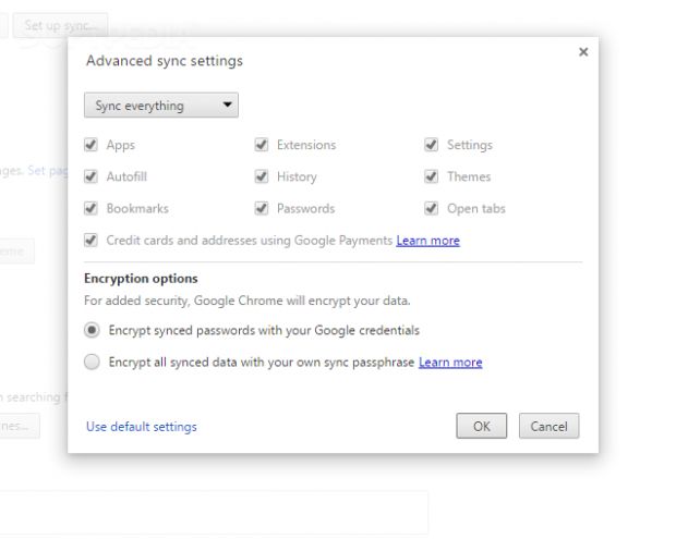 Chrome's Sync settings