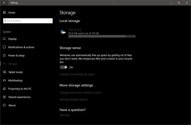 Storage sense in Windows 10