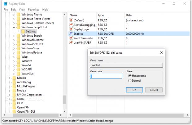 Windows Script Host setting in the Windows Registry