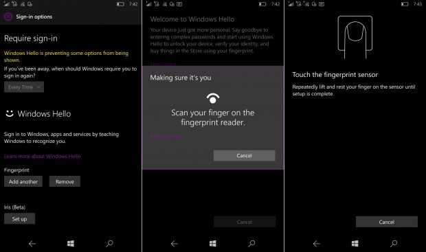 Setting up Windows Hello with a fingerprint reader in Windows 10 Mobile